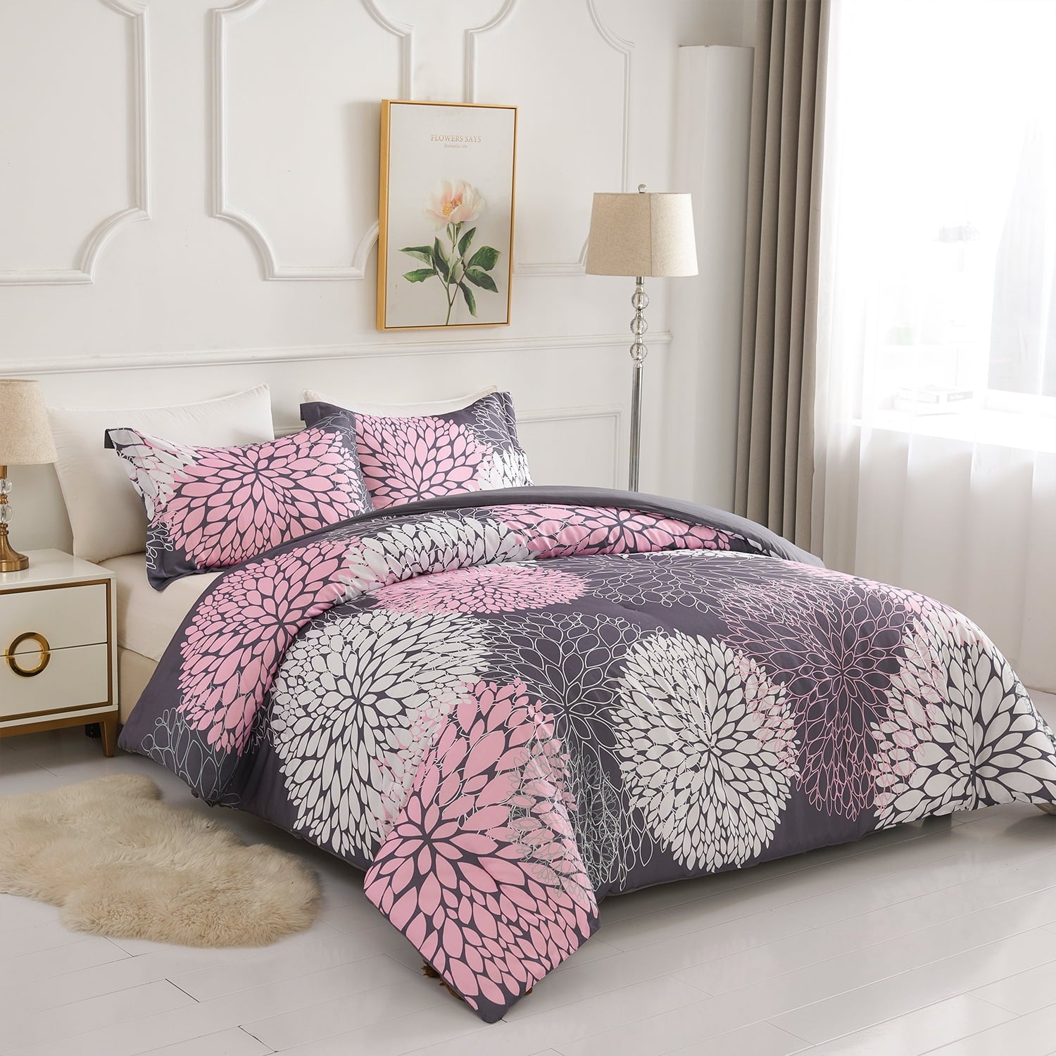 Koniroom Pink and Grey Floral Comforter Set, Botanical Bedding Sets Queen Size with Cute Flowers Printing for Women Teen Girls All Season 3 Pieces Comforters with 2 Pillow Shams (90x90 Inches)