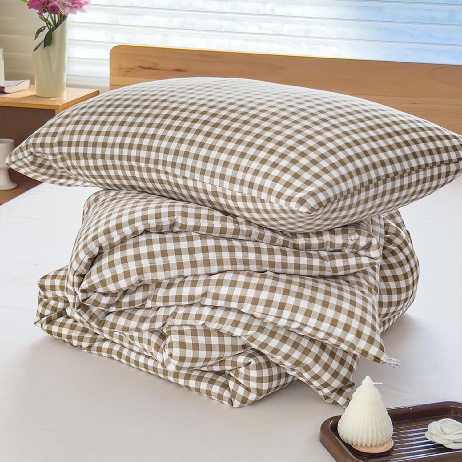Tan Gingham Queen Comforter Set, Taupe Plaid Bedding Set, Checked Bed Comforter 3 Pieces(Tan Gingham, Queen)