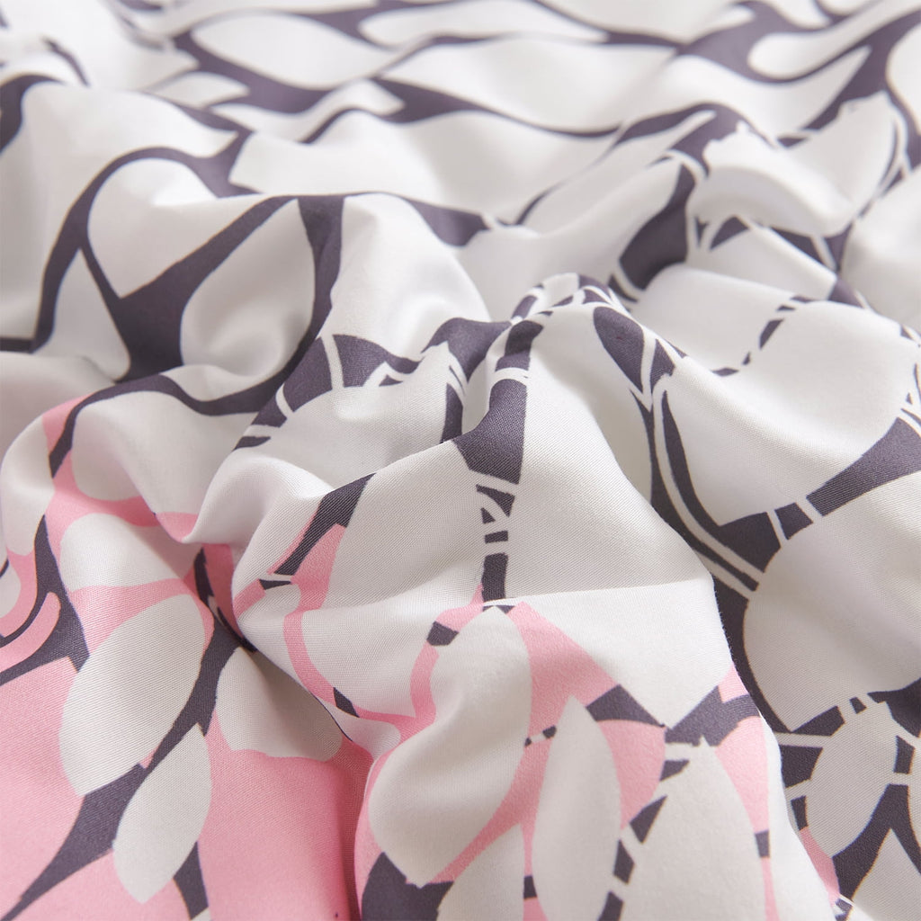 Koniroom Pink and Grey Floral Comforter Set, Botanical Bedding Sets Queen Size with Cute Flowers Printing for Women Teen Girls All Season 3 Pieces Comforters with 2 Pillow Shams (90x90 Inches)