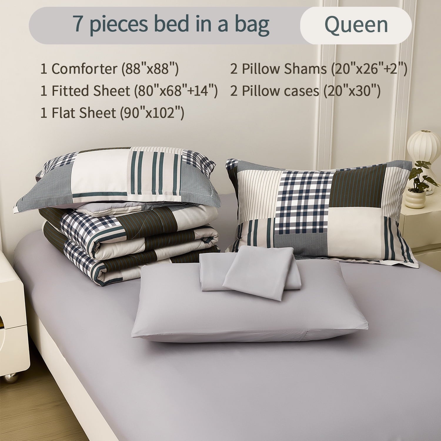 Beartech 7 Piece Comforter Set-Coffee Blue Plaid Luxury Soft Bed Set,Reversible Patchwork Queen Size Bedding Set for All Season,Bed in a Bag with Down Alternative Comforter,Sheets,Pillowcases & Shams