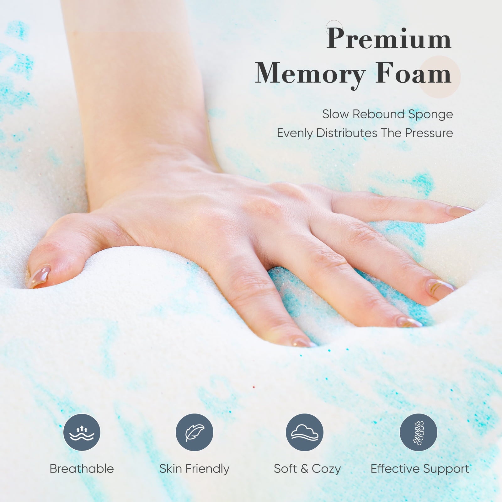 CONCETTA 4 Inch Queen Size Memory Foam Mattress Topper with Cooling Gel, Pressure Relief for Back Pain, Comfort Bed Topper, CertiPUR-US Certified，Blue