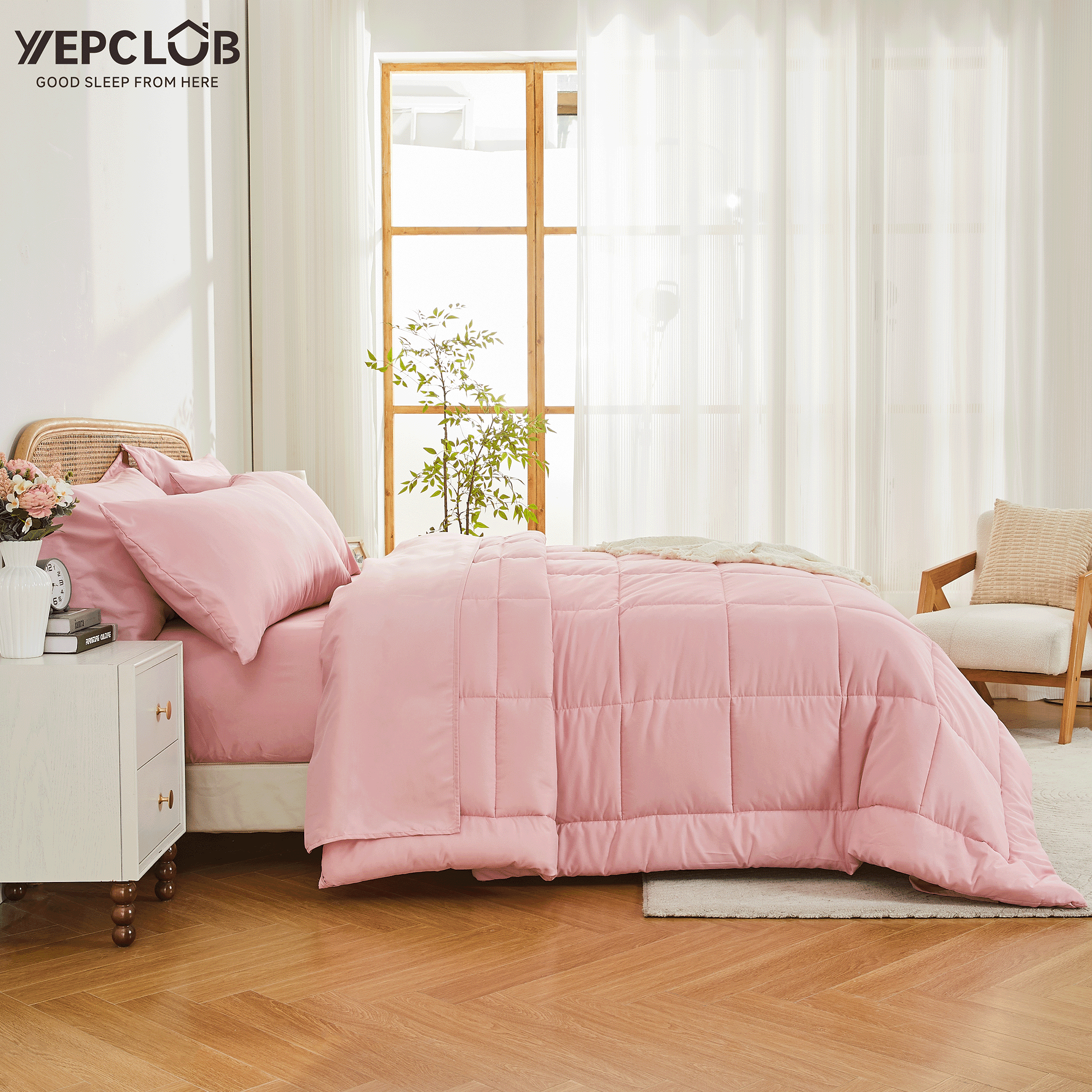 YEPCLUB Queen Size Comforter Set, 7-Piece Bed in a Bag, Ultra Soft Reversible All Season Bedding Set with Sheets, Pillowcases & Shams, Pink