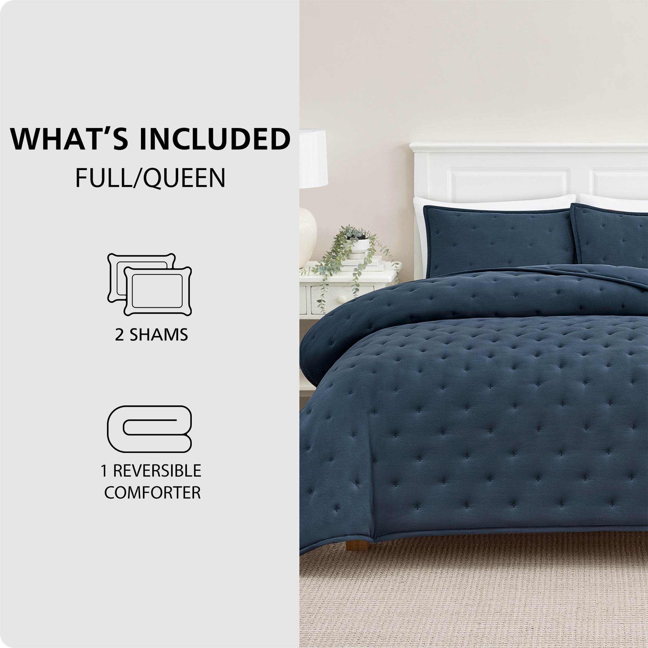 Mainstays Full/Queen Comforter Set, Soft Lightweight & All Season, 3-Piece, Navy Blue