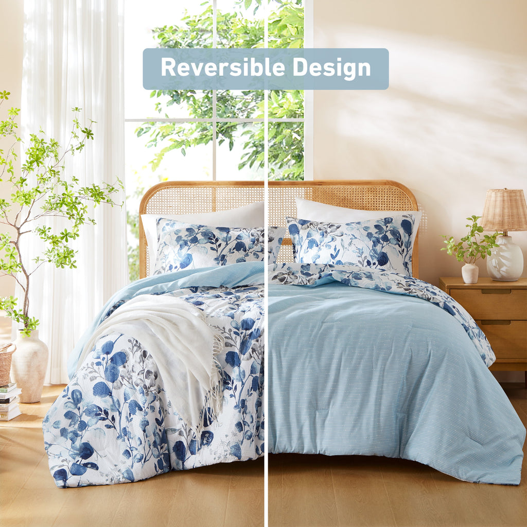 Regency Heights Full/Queen Comforter Sets, Reversible Seersucker Floral Bedding Sets, 3 Piece Lightweight Navy/Blue Botanical Flowers Comforter Bed Set with Pillow Shams
