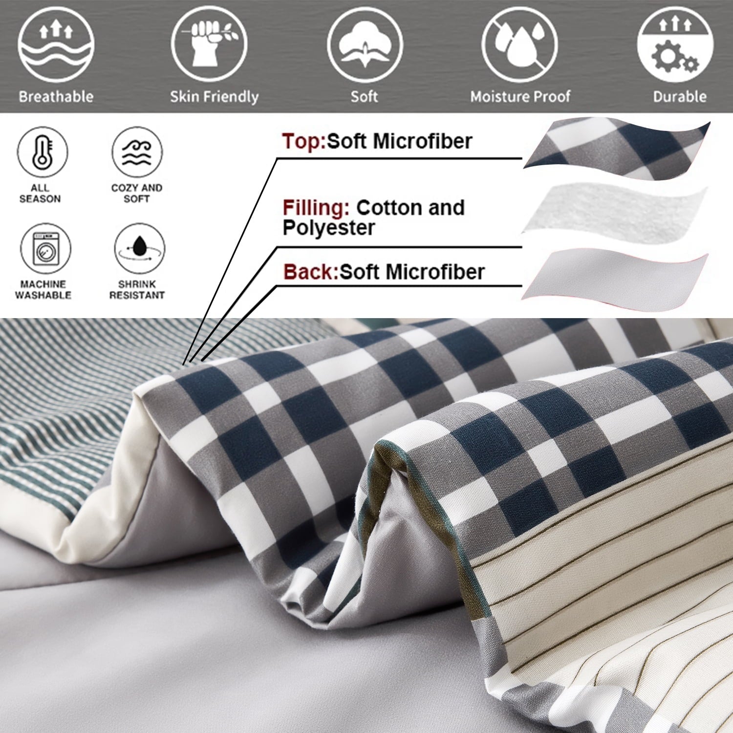 Beartech 7 Piece Comforter Set-Coffee Blue Plaid Luxury Soft Bed Set,Reversible Patchwork Queen Size Bedding Set for All Season,Bed in a Bag with Down Alternative Comforter,Sheets,Pillowcases & Shams