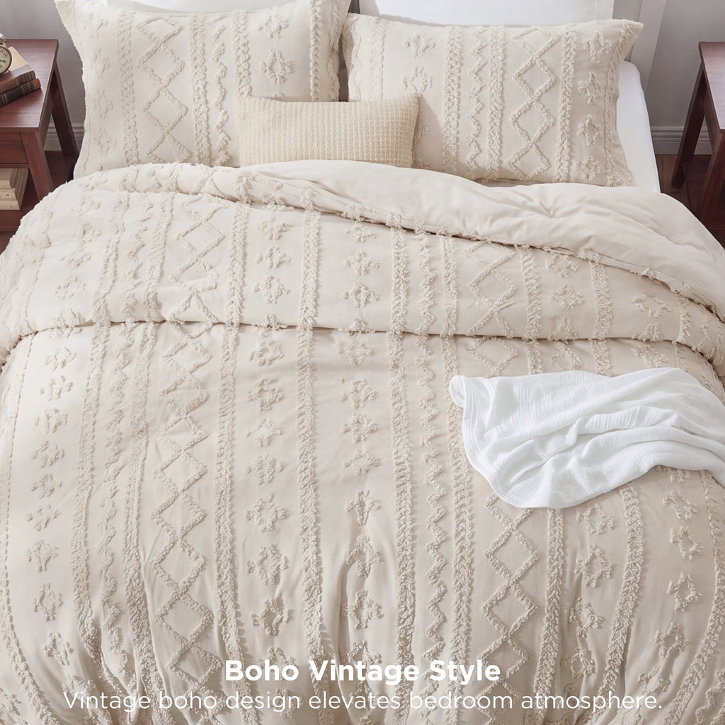 U by Bedsure Tufted Boho Comforter Set Queen, Beige, 3 Pieces Farmhouse Shabby Chic Embroidery Bedding Set, Soft Jacquard Comforter for All Seasons