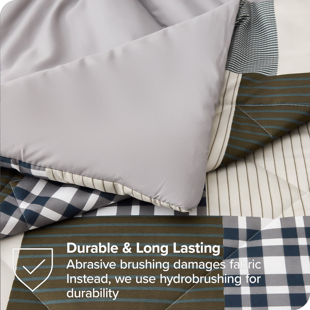 Beartech 7 Piece Comforter Set-Coffee Blue Plaid Luxury Soft Bed Set,Reversible Patchwork Queen Size Bedding Set for All Season,Bed in a Bag with Down Alternative Comforter,Sheets,Pillowcases & Shams
