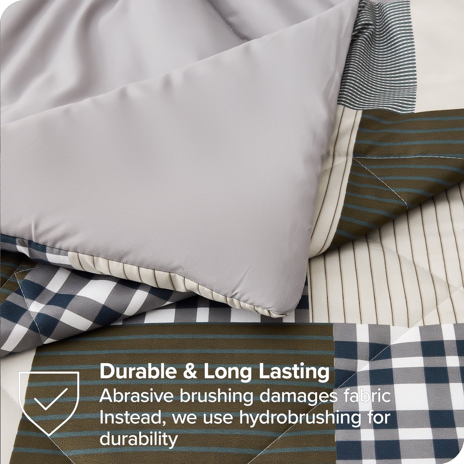 Beartech 7 Piece Comforter Set-Coffee Blue Plaid Luxury Soft Bed Set,Reversible Patchwork Queen Size Bedding Set for All Season,Bed in a Bag with Down Alternative Comforter,Sheets,Pillowcases & Shams