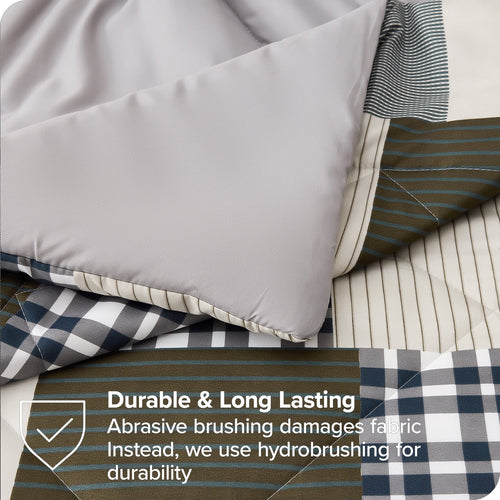 Beartech 7 Piece Comforter Set-Coffee Blue Plaid Luxury Soft Bed Set,Reversible Patchwork Queen Size Bedding Set for All Season,Bed in a Bag with Down Alternative Comforter,Sheets,Pillowcases & Shams