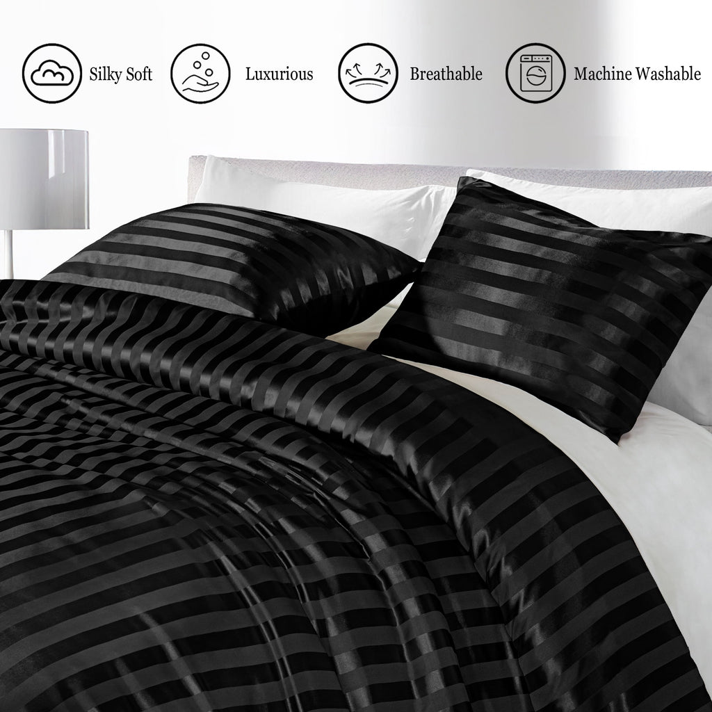 Whale Flotilla 3-Piece Luxury Stripe Satin King Size Comforter Set, Reversible Silky Soft Bedding Set with 2 Pillowcases, Lightweight All-Season Comforter, Black