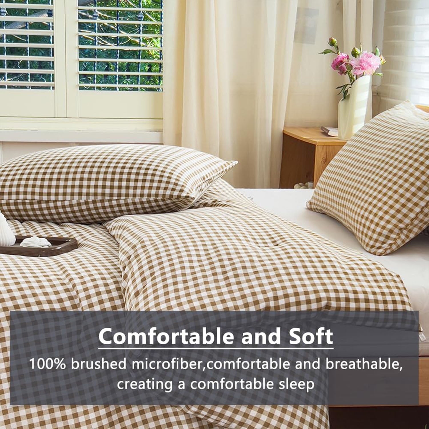 Tan Gingham Queen Comforter Set, Taupe Plaid Bedding Set, Checked Bed Comforter 3 Pieces(Tan Gingham, Queen)
