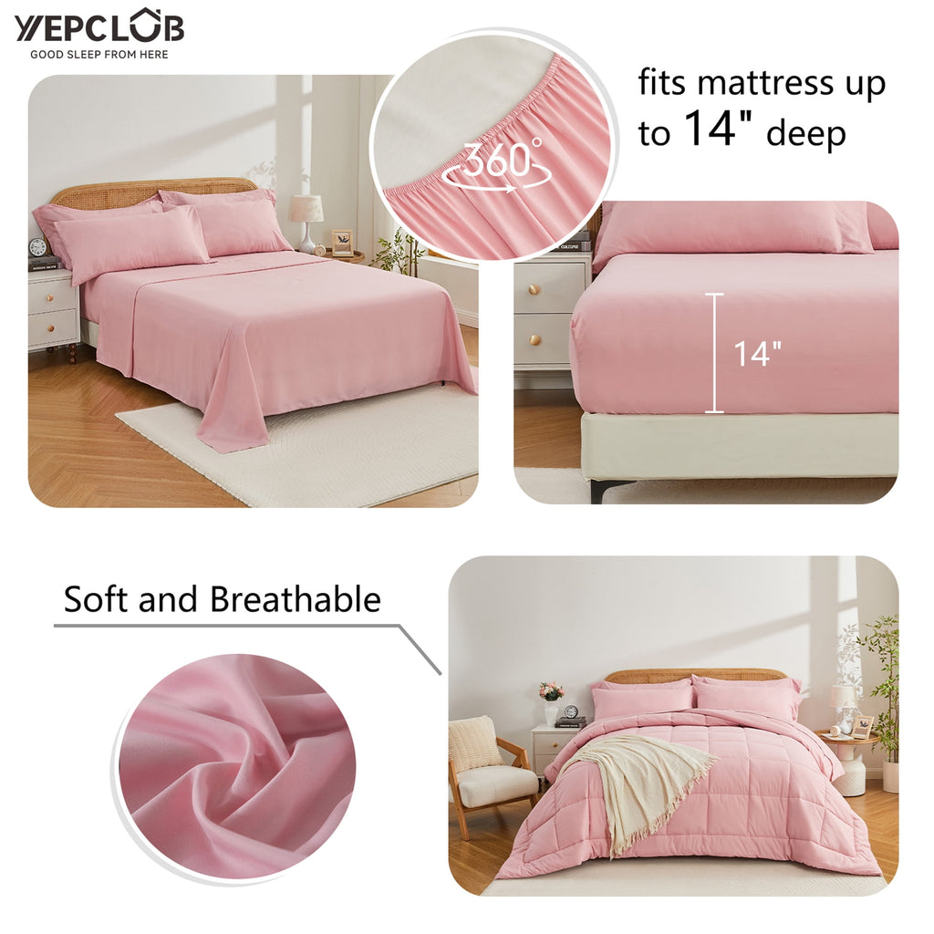 YEPCLUB Queen Size Comforter Set, 7-Piece Bed in a Bag, Ultra Soft Reversible All Season Bedding Set with Sheets, Pillowcases & Shams, Pink