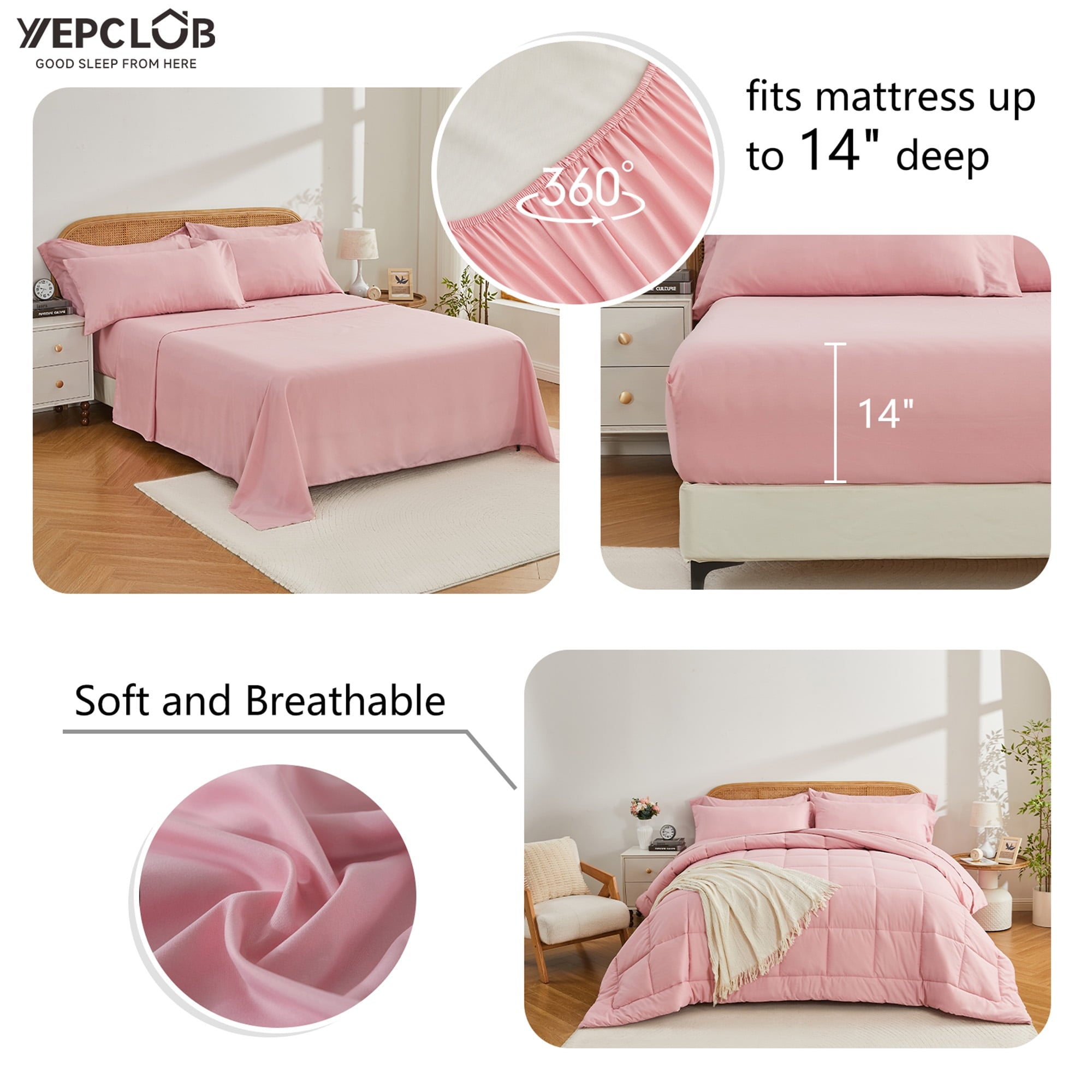 YEPCLUB Queen Size Comforter Set, 7-Piece Bed in a Bag, Ultra Soft Reversible All Season Bedding Set with Sheets, Pillowcases & Shams, Pink