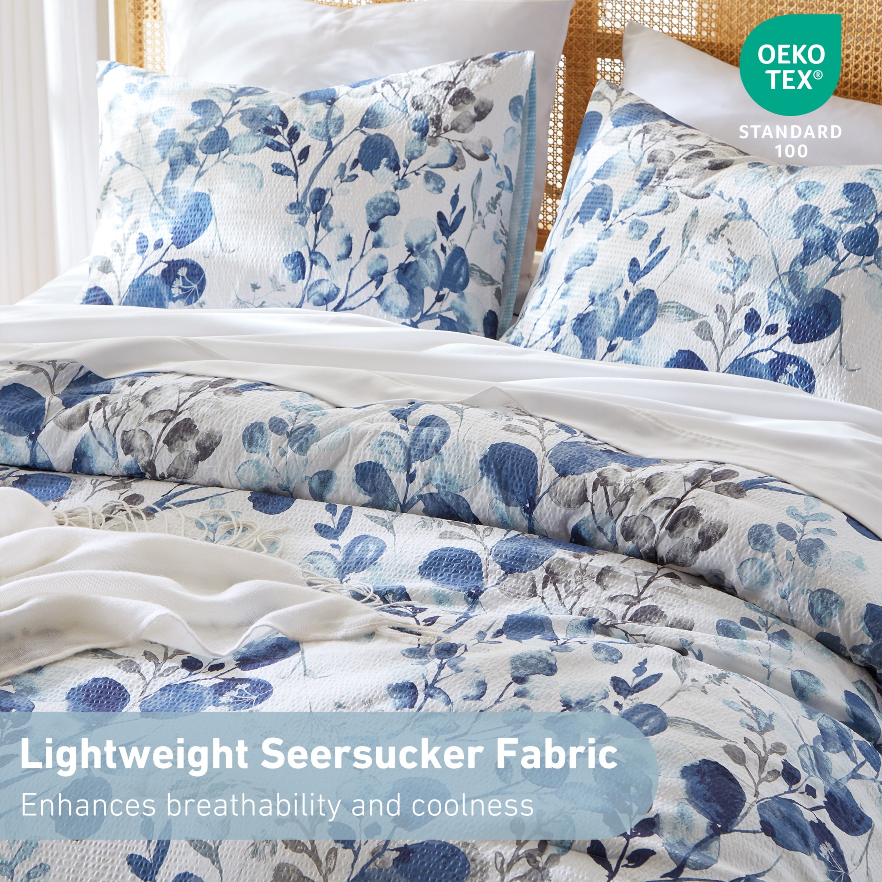 Regency Heights Full/Queen Comforter Sets, Reversible Seersucker Floral Bedding Sets, 3 Piece Lightweight Navy/Blue Botanical Flowers Comforter Bed Set with Pillow Shams