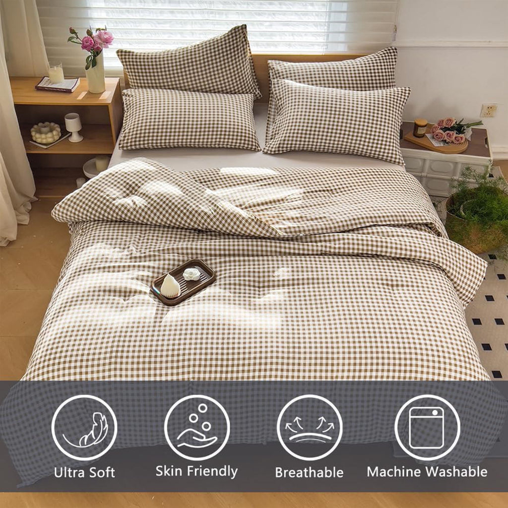 Tan Gingham Queen Comforter Set, Taupe Plaid Bedding Set, Checked Bed Comforter 3 Pieces(Tan Gingham, Queen)