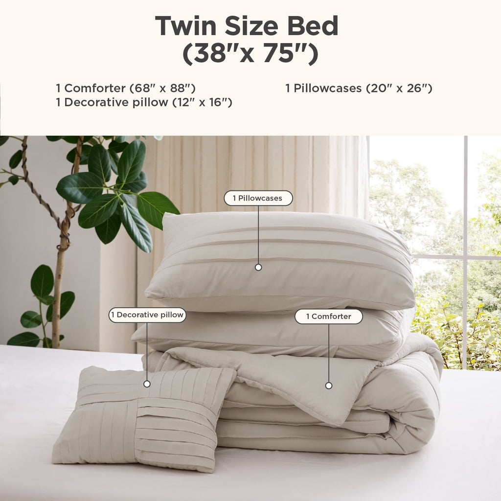 Cozy Comfort Twin Comforter Set, 3 Pieces Soft Pinch Pleat Beige Bedding Set for All Season