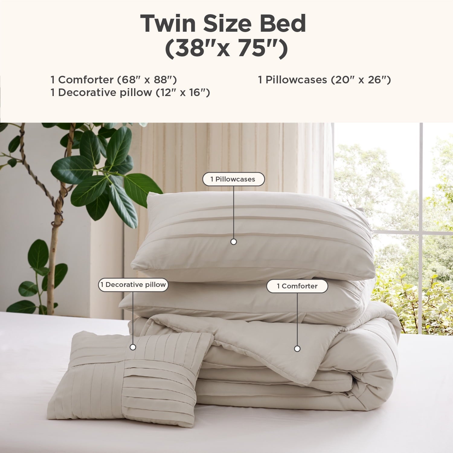 Cozy Comfort Twin Comforter Set, 3 Pieces Soft Pinch Pleat Beige Bedding Set for All Season
