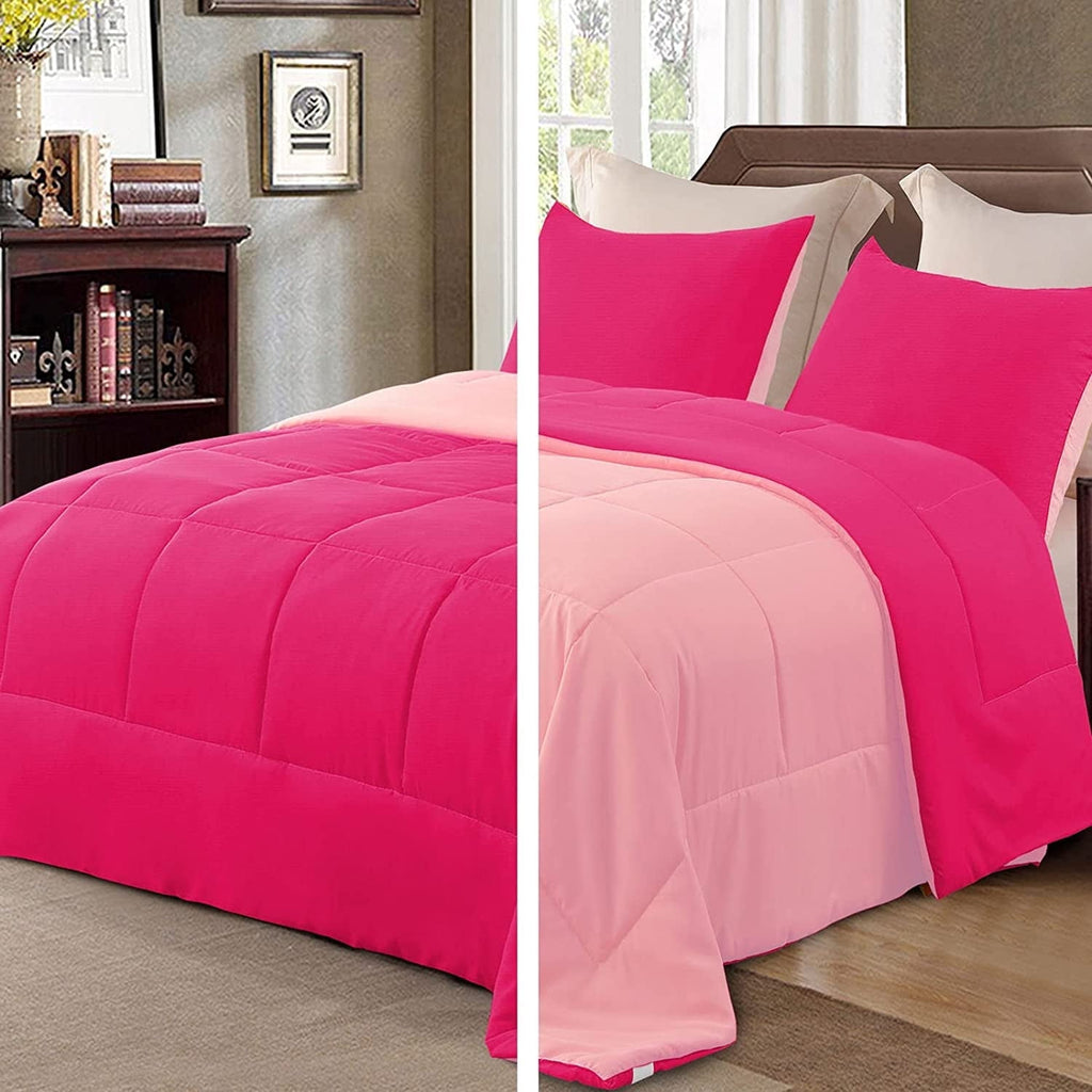 Exclusivo Mezcla Lightweight Reversible 3-Piece Comforter Set All Seasons, Down Alternative Comforter with 2 Pillow Shams, Queen Size, Hot Pink/Blush Pink