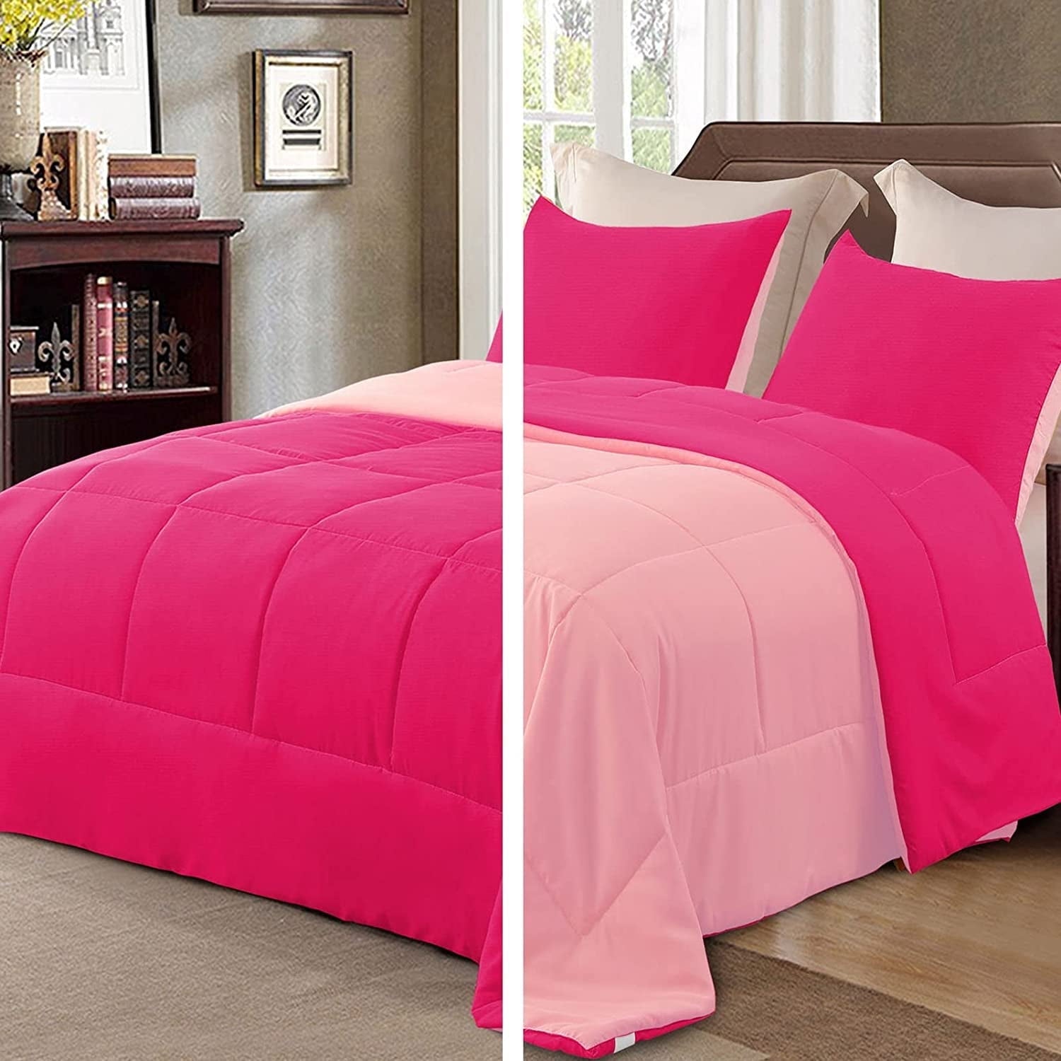 Exclusivo Mezcla Lightweight Reversible 3-Piece Comforter Set All Seasons, Down Alternative Comforter with 2 Pillow Shams, Queen Size, Hot Pink/Blush Pink