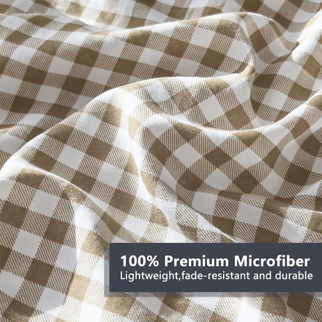 Tan Gingham Queen Comforter Set, Taupe Plaid Bedding Set, Checked Bed Comforter 3 Pieces(Tan Gingham, Queen)