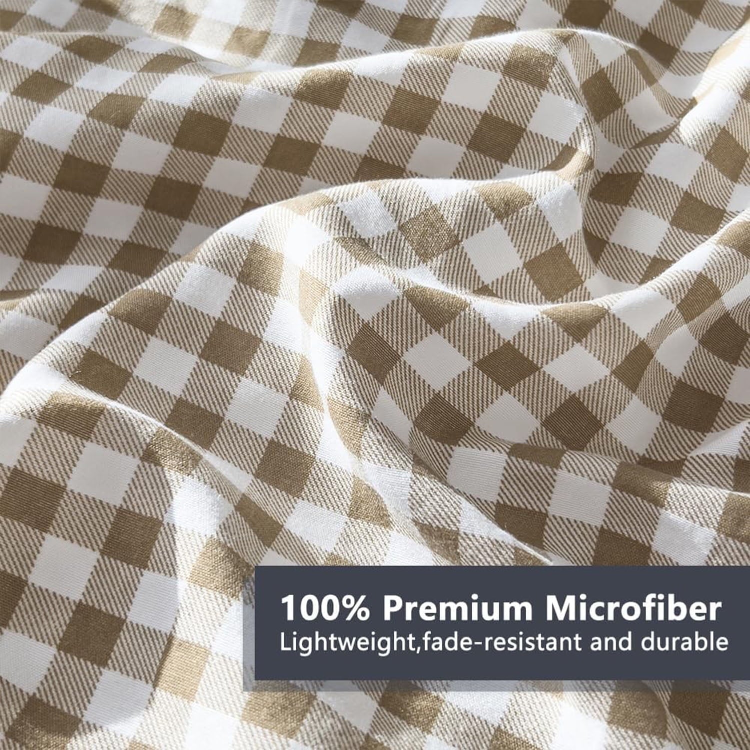 Tan Gingham Queen Comforter Set, Taupe Plaid Bedding Set, Checked Bed Comforter 3 Pieces(Tan Gingham, Queen)
