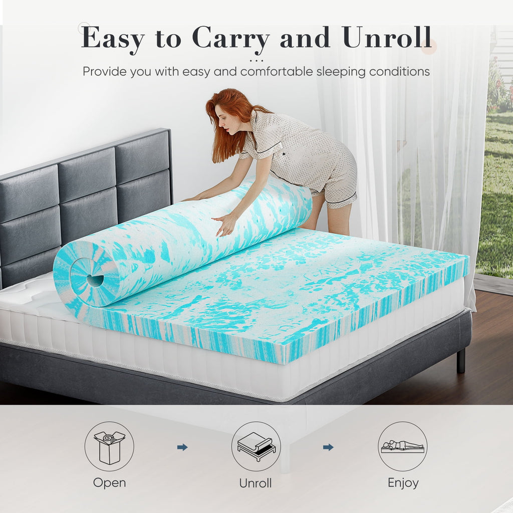 CONCETTA 4 Inch Queen Size Memory Foam Mattress Topper with Cooling Gel, Pressure Relief for Back Pain, Comfort Bed Topper, CertiPUR-US Certified，Blue