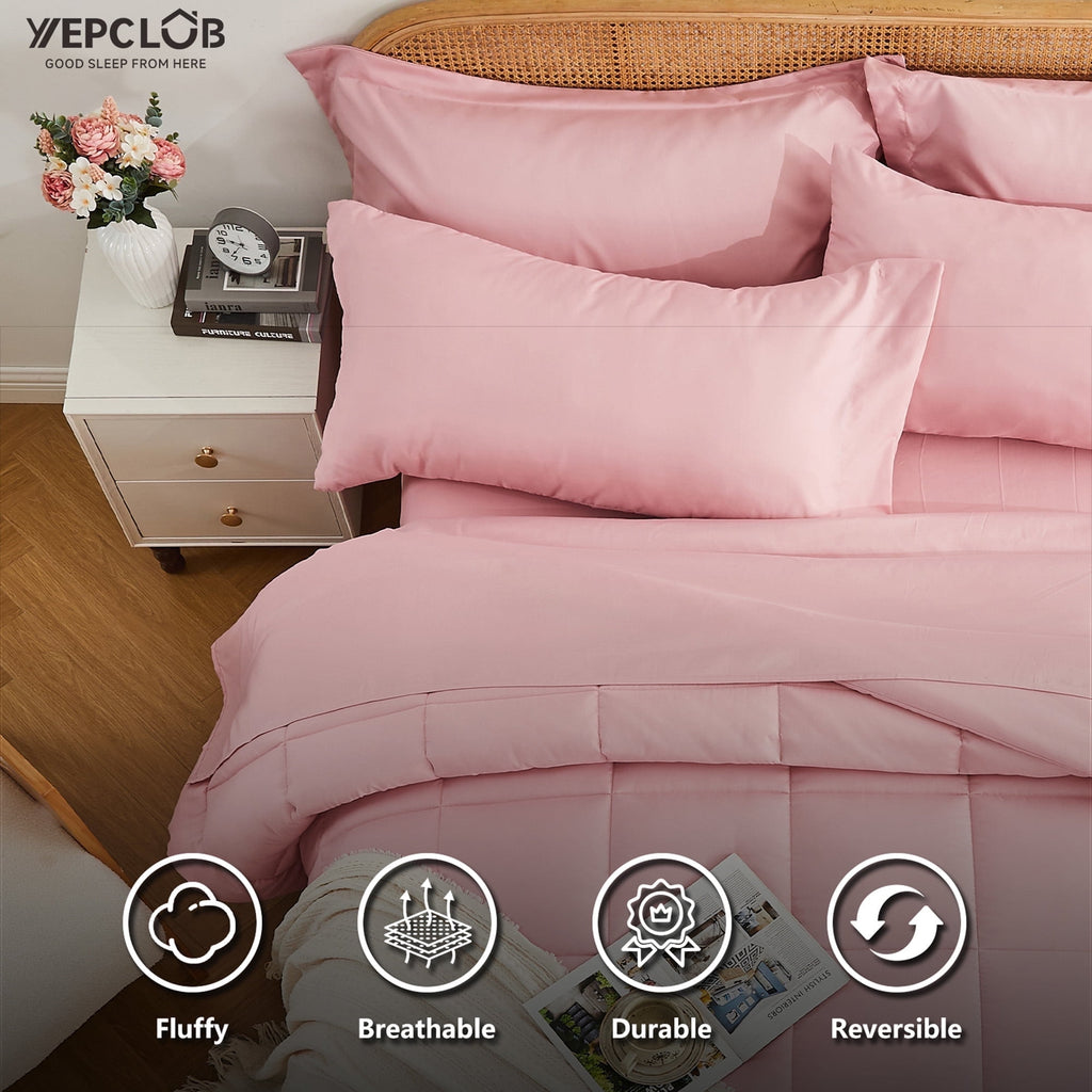 YEPCLUB Queen Size Comforter Set, 7-Piece Bed in a Bag, Ultra Soft Reversible All Season Bedding Set with Sheets, Pillowcases & Shams, Pink