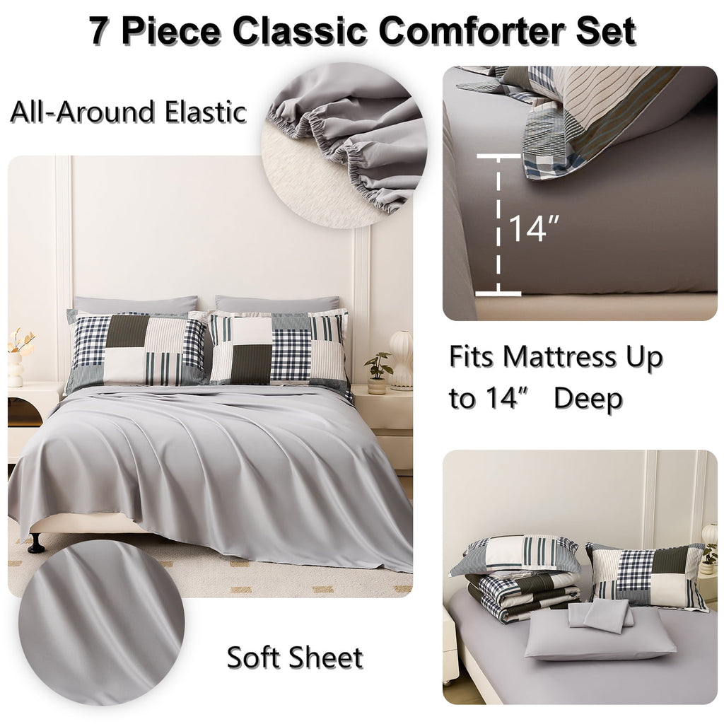 Beartech 7 Piece Comforter Set-Coffee Blue Plaid Luxury Soft Bed Set,Reversible Patchwork Queen Size Bedding Set for All Season,Bed in a Bag with Down Alternative Comforter,Sheets,Pillowcases & Shams
