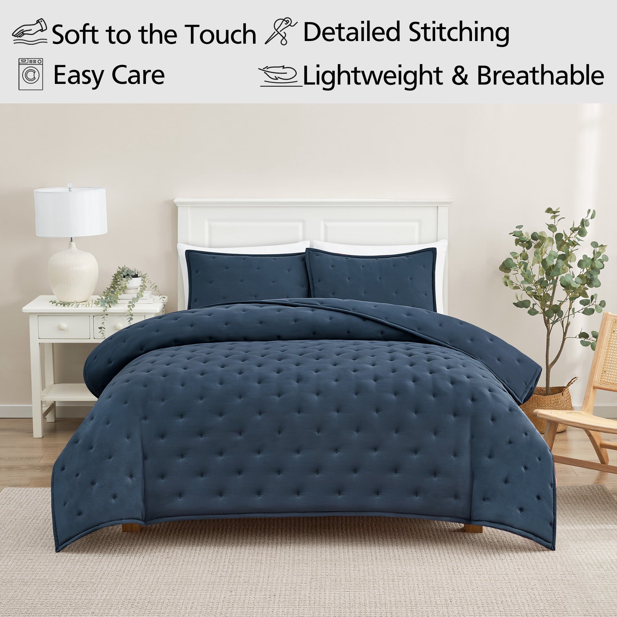 Mainstays Full/Queen Comforter Set, Soft Lightweight & All Season, 3-Piece, Navy Blue