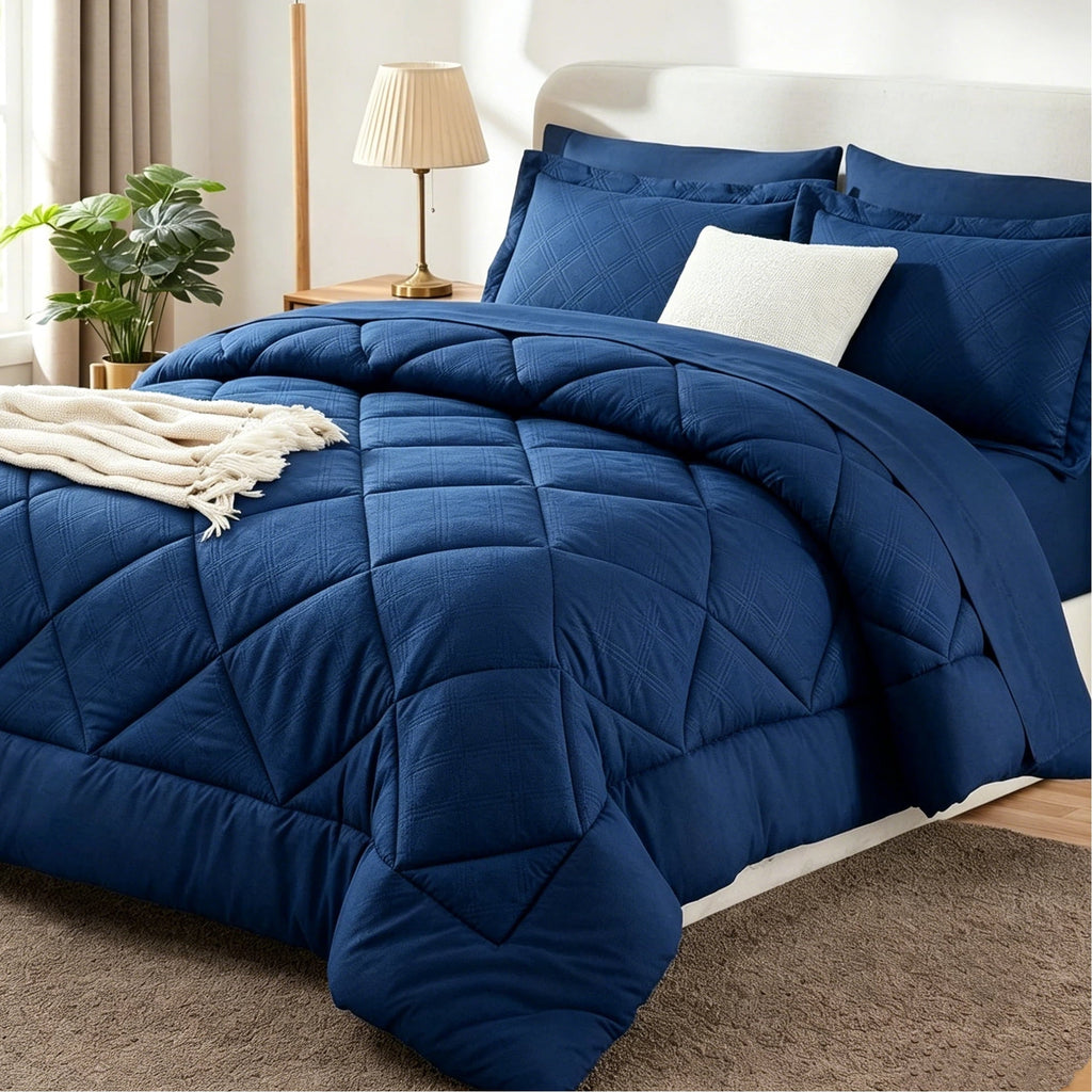 BDEUS 7 Pieces Comforter Set Queen，Bed in A bag，All Seasons Bedding sets with Comforter,Fitted Sheet,Flat Sheet,Pillowcases & Shames，dark blue
