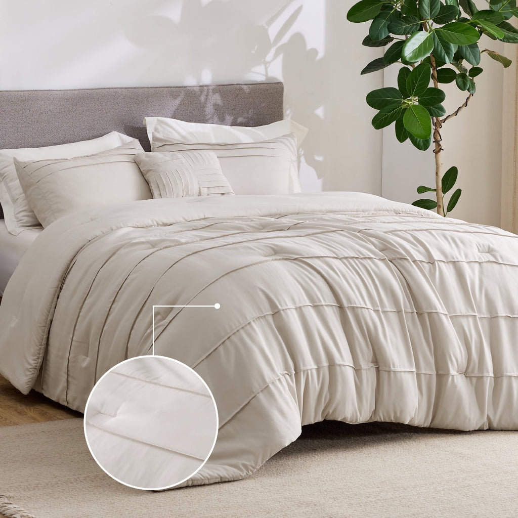 Cozy Comfort Twin Comforter Set, 3 Pieces Soft Pinch Pleat Beige Bedding Set for All Season