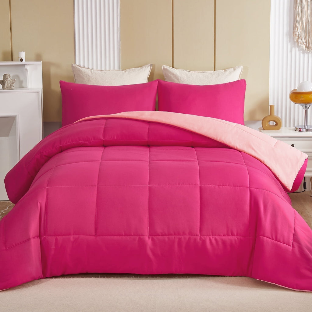 Exclusivo Mezcla Lightweight Reversible 3-Piece Comforter Set All Seasons, Down Alternative Comforter with 2 Pillow Shams, Queen Size, Hot Pink/Blush Pink