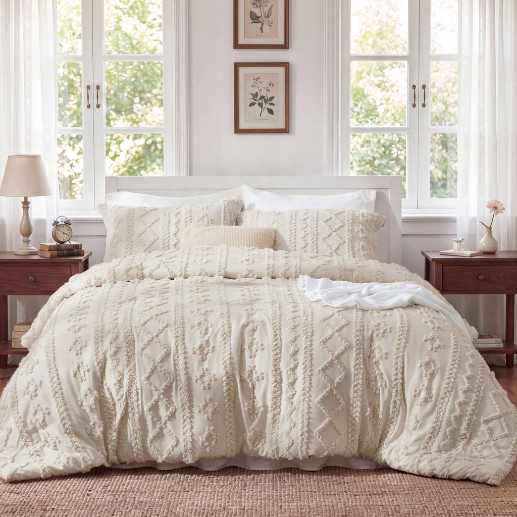 U by Bedsure Tufted Boho Comforter Set Queen, Beige, 3 Pieces Farmhouse Shabby Chic Embroidery Bedding Set, Soft Jacquard Comforter for All Seasons