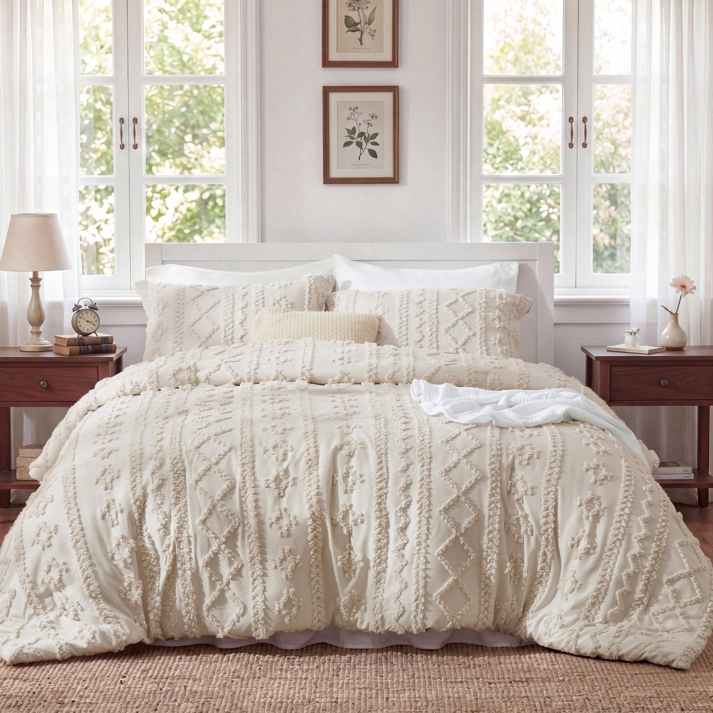 U by Bedsure Tufted Boho Comforter Set Queen, Beige, 3 Pieces Farmhouse Shabby Chic Embroidery Bedding Set, Soft Jacquard Comforter for All Seasons