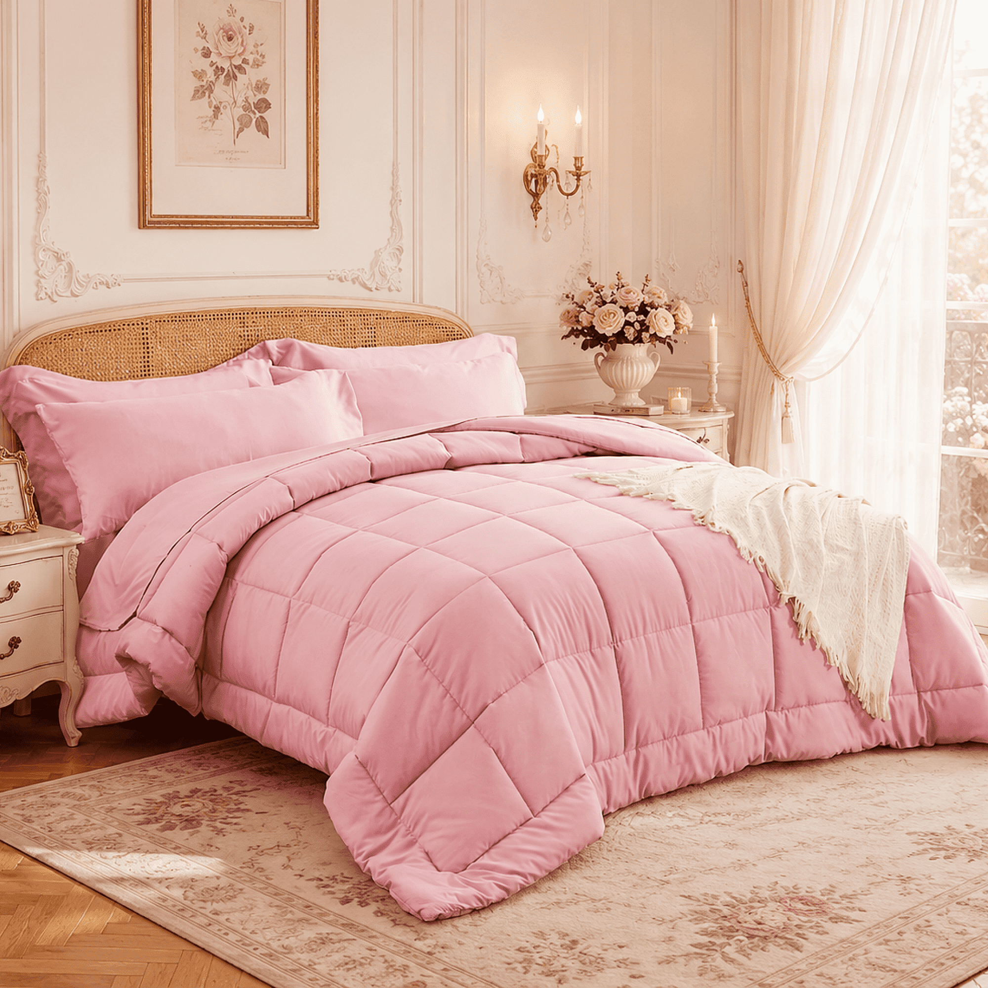 YEPCLUB Queen Size Comforter Set, 7-Piece Bed in a Bag, Ultra Soft Reversible All Season Bedding Set with Sheets, Pillowcases & Shams, Pink