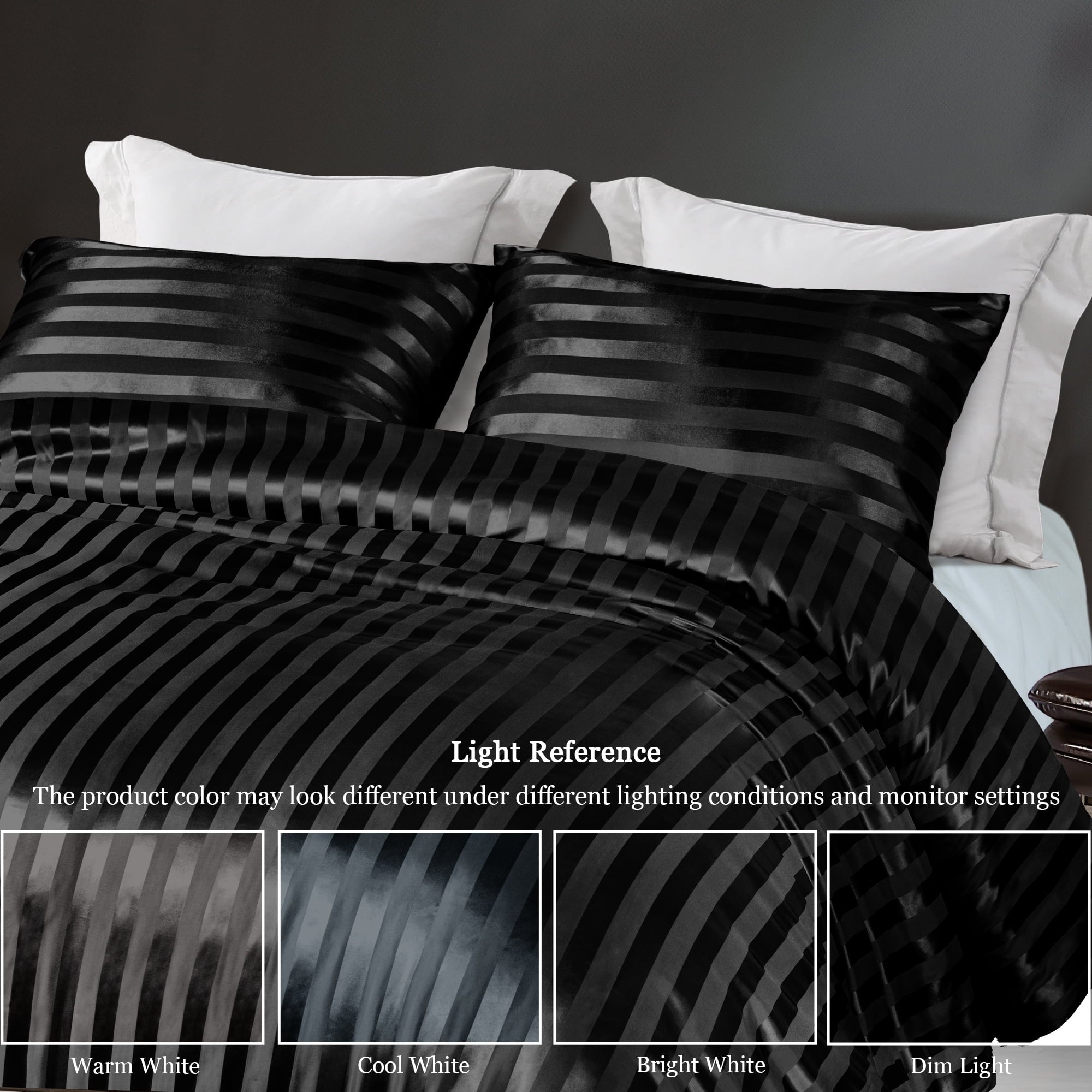 Whale Flotilla 3-Piece Luxury Stripe Satin King Size Comforter Set, Reversible Silky Soft Bedding Set with 2 Pillowcases, Lightweight All-Season Comforter, Black