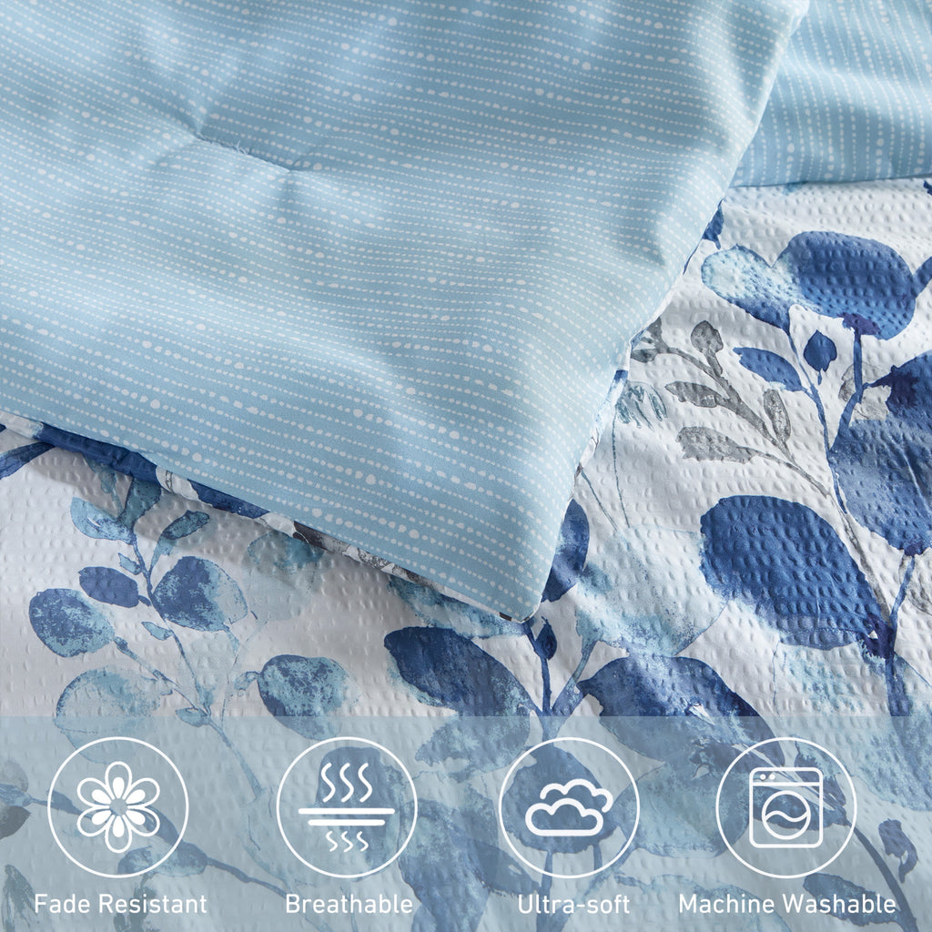 Regency Heights Full/Queen Comforter Sets, Reversible Seersucker Floral Bedding Sets, 3 Piece Lightweight Navy/Blue Botanical Flowers Comforter Bed Set with Pillow Shams