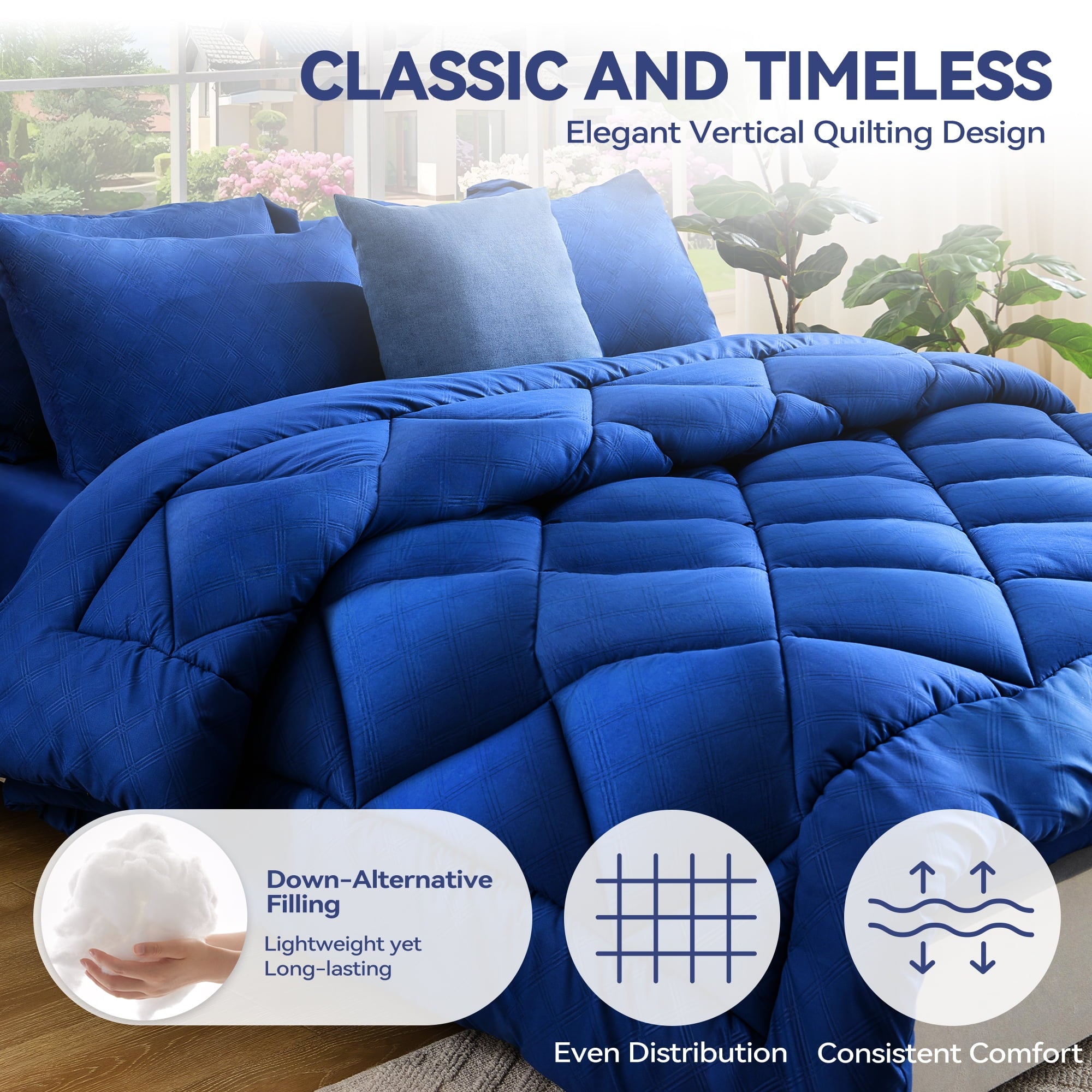 BDEUS 7 Pieces Comforter Set Queen，Bed in A bag，All Seasons Bedding sets with Comforter,Fitted Sheet,Flat Sheet,Pillowcases & Shames，dark blue