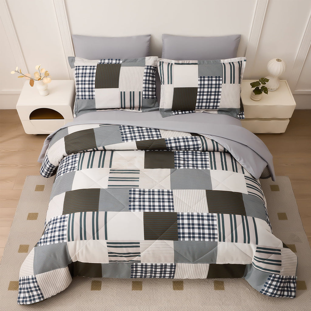 Beartech 7 Piece Comforter Set-Coffee Blue Plaid Luxury Soft Bed Set,Reversible Patchwork Queen Size Bedding Set for All Season,Bed in a Bag with Down Alternative Comforter,Sheets,Pillowcases & Shams