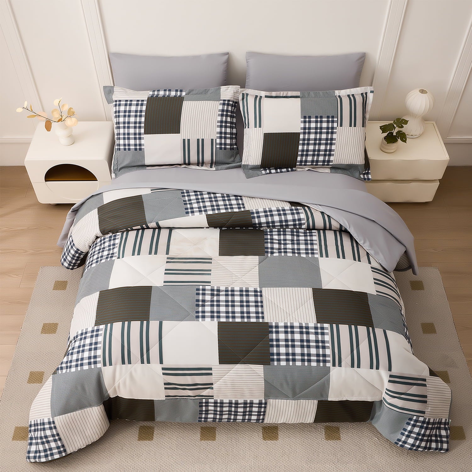 Beartech 7 Piece Comforter Set-Coffee Blue Plaid Luxury Soft Bed Set,Reversible Patchwork Queen Size Bedding Set for All Season,Bed in a Bag with Down Alternative Comforter,Sheets,Pillowcases & Shams