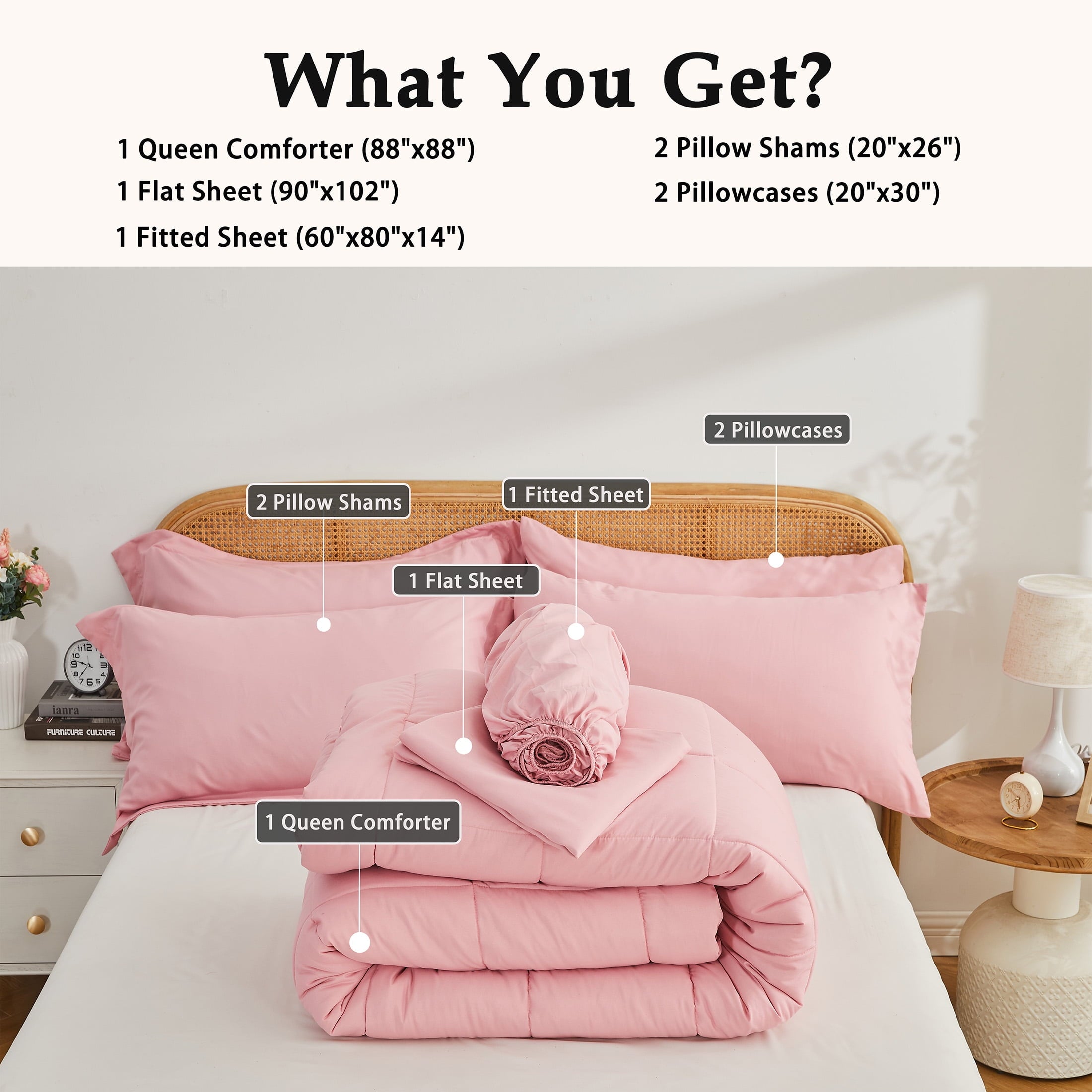 YEPCLUB Queen Size Comforter Set, 7-Piece Bed in a Bag, Ultra Soft Reversible All Season Bedding Set with Sheets, Pillowcases & Shams, Pink
