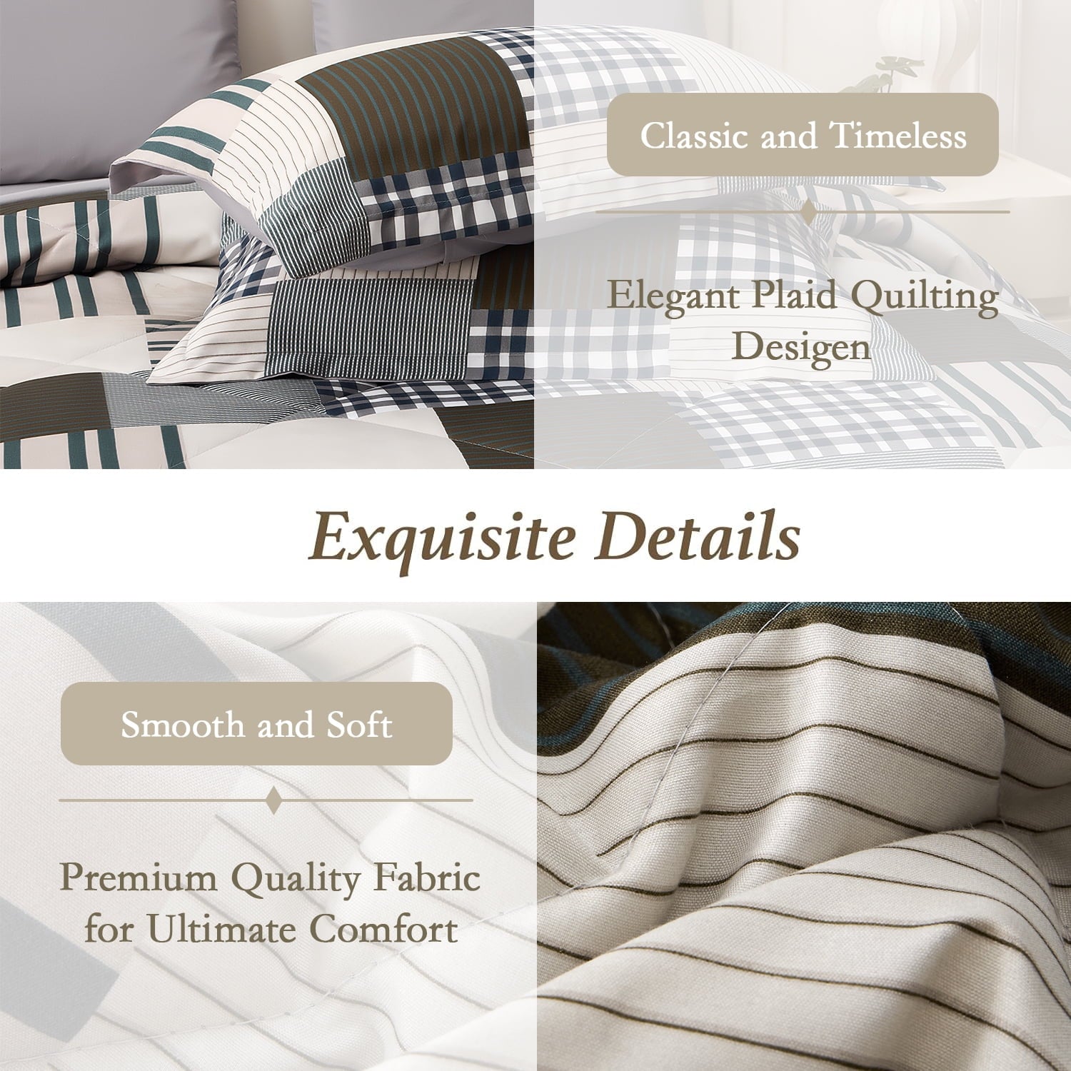 Beartech 7 Piece Comforter Set-Coffee Blue Plaid Luxury Soft Bed Set,Reversible Patchwork Queen Size Bedding Set for All Season,Bed in a Bag with Down Alternative Comforter,Sheets,Pillowcases & Shams