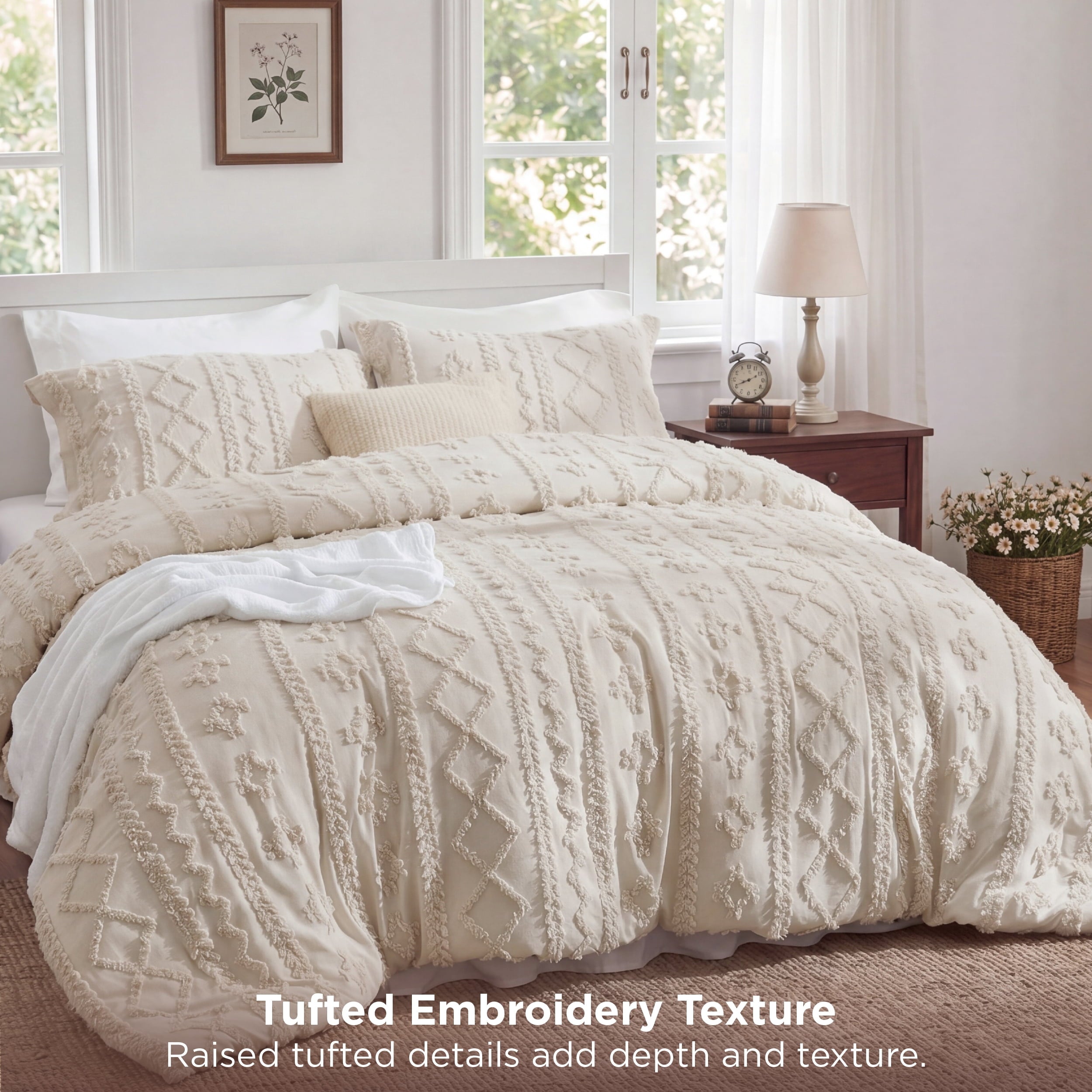 U by Bedsure Tufted Boho Comforter Set Queen, Beige, 3 Pieces Farmhouse Shabby Chic Embroidery Bedding Set, Soft Jacquard Comforter for All Seasons