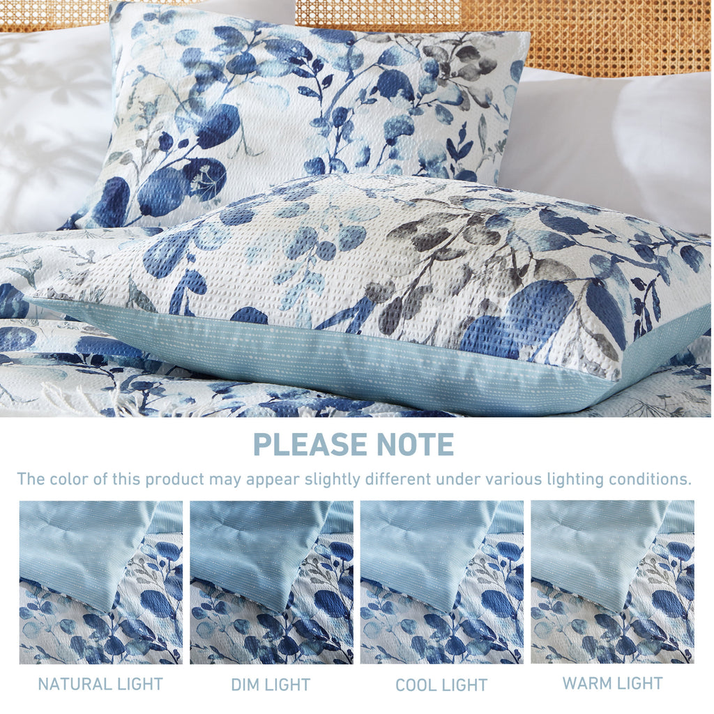 Regency Heights Full/Queen Comforter Sets, Reversible Seersucker Floral Bedding Sets, 3 Piece Lightweight Navy/Blue Botanical Flowers Comforter Bed Set with Pillow Shams