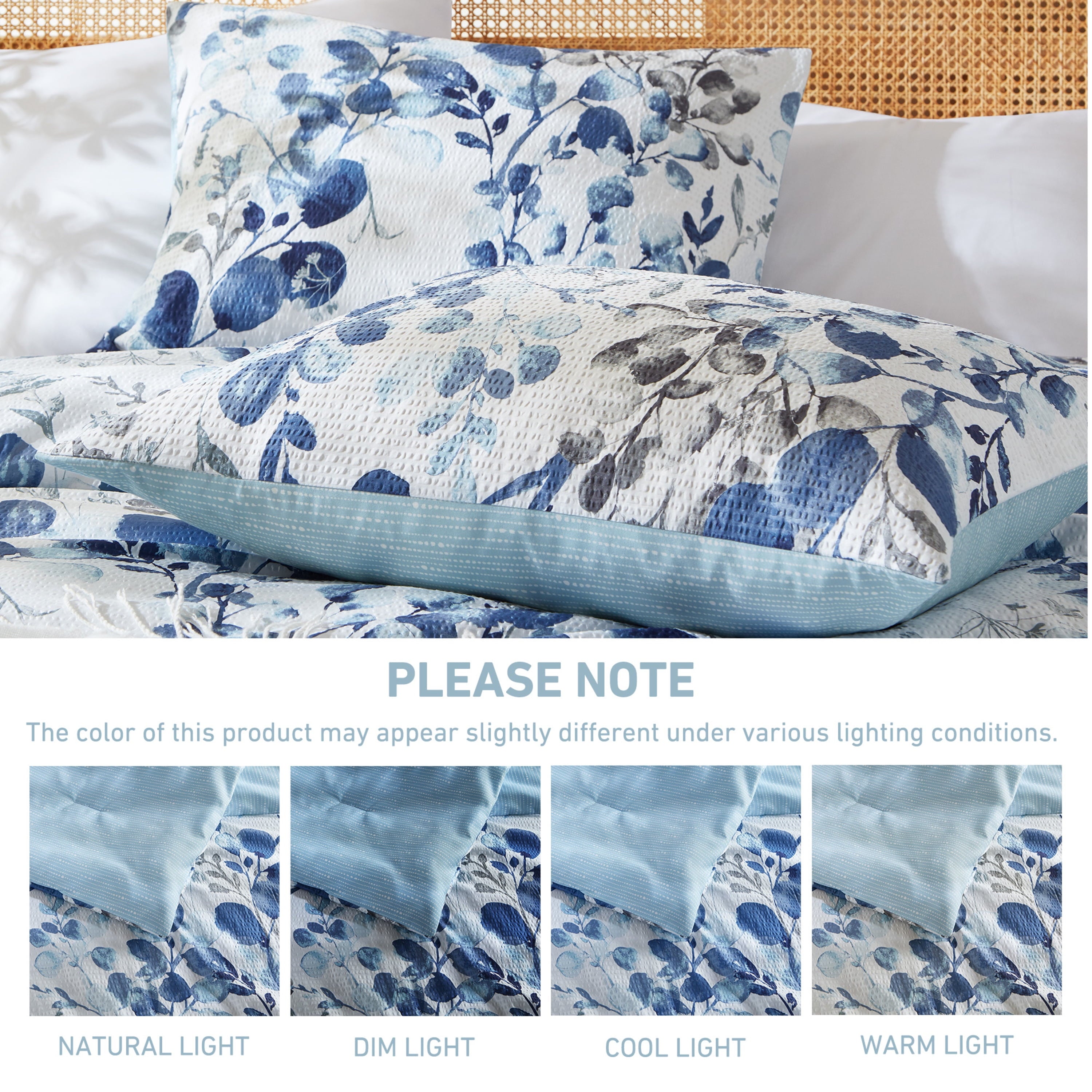 Regency Heights Full/Queen Comforter Sets, Reversible Seersucker Floral Bedding Sets, 3 Piece Lightweight Navy/Blue Botanical Flowers Comforter Bed Set with Pillow Shams