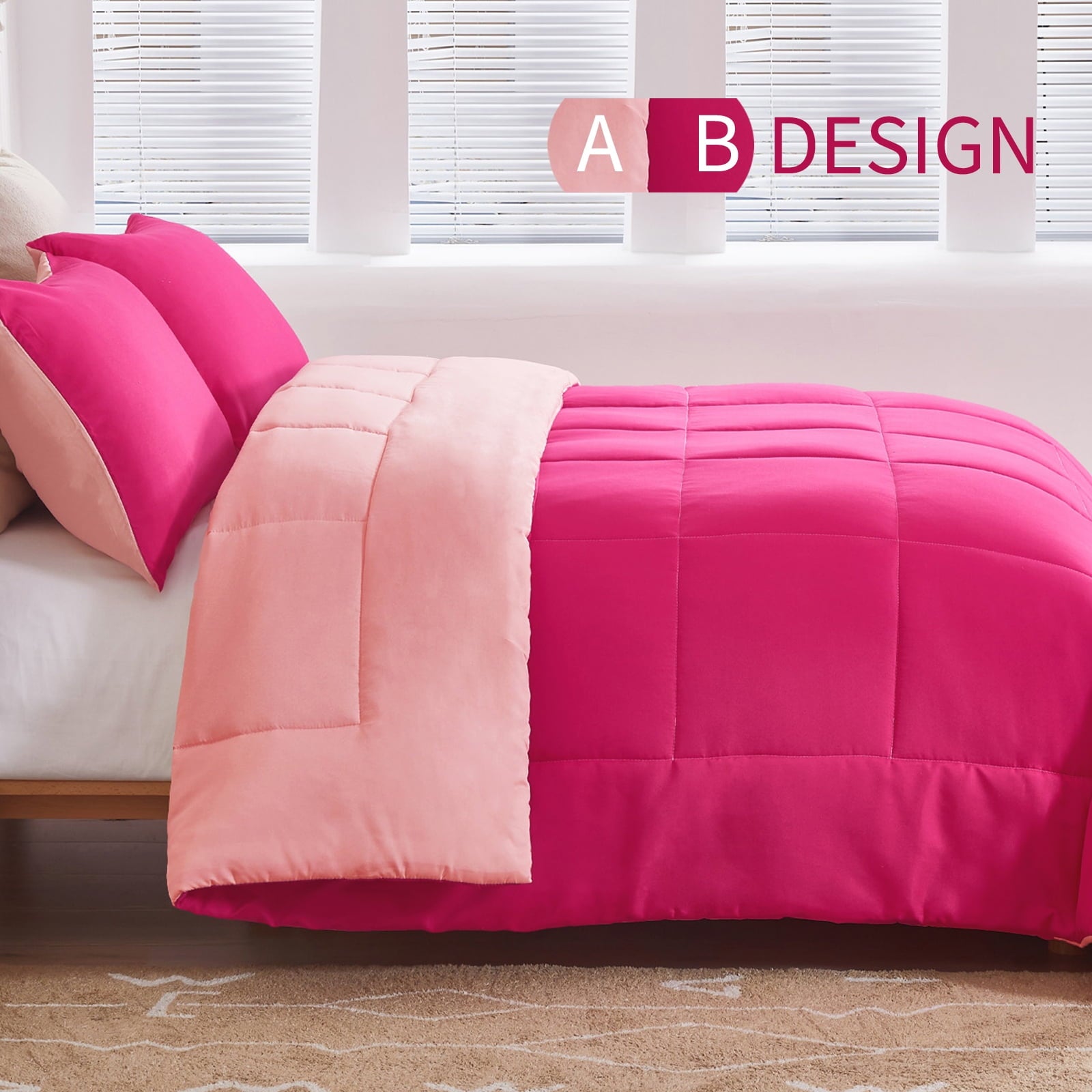 Exclusivo Mezcla Lightweight Reversible 3-Piece Comforter Set All Seasons, Down Alternative Comforter with 2 Pillow Shams, Queen Size, Hot Pink/Blush Pink